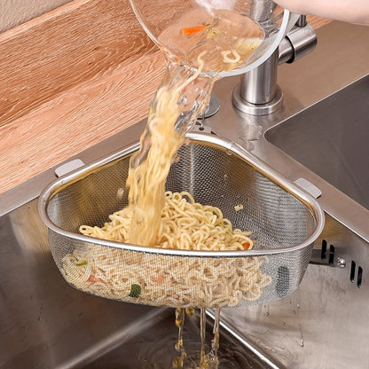 Stainless Steel Sink Strainer Basket 304 Grade Triangular Space-Saving Design, Dual-Use Stand & Hang