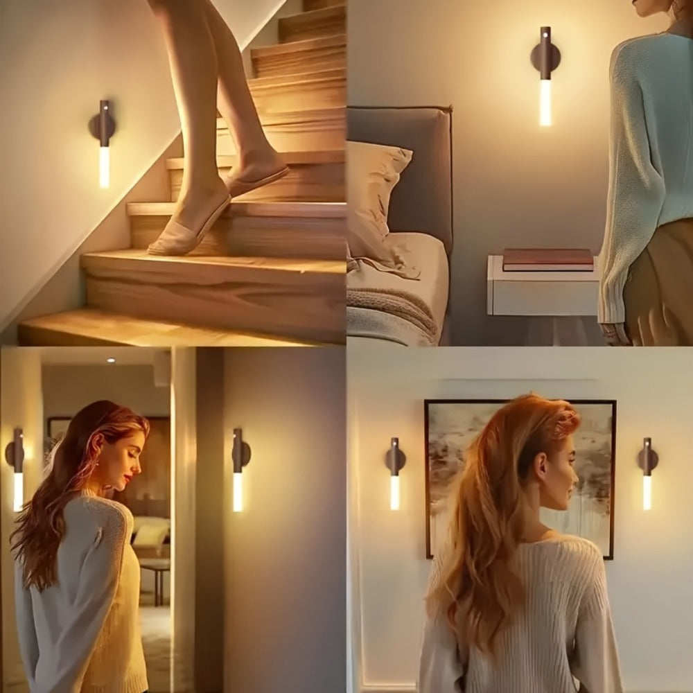 Motion Night Light Rechargeable LED, IPX4 Wood Grain & Walnut Under Cabinet Step Lamp for Staircase