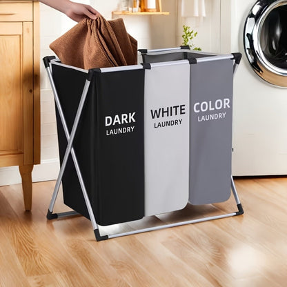 Laundry Hamper Sorter 3-Section Foldable Basket with Oxford Bags Large Rectangular Hamper with Handles Durable Fabric for Home Dorm Bathroom