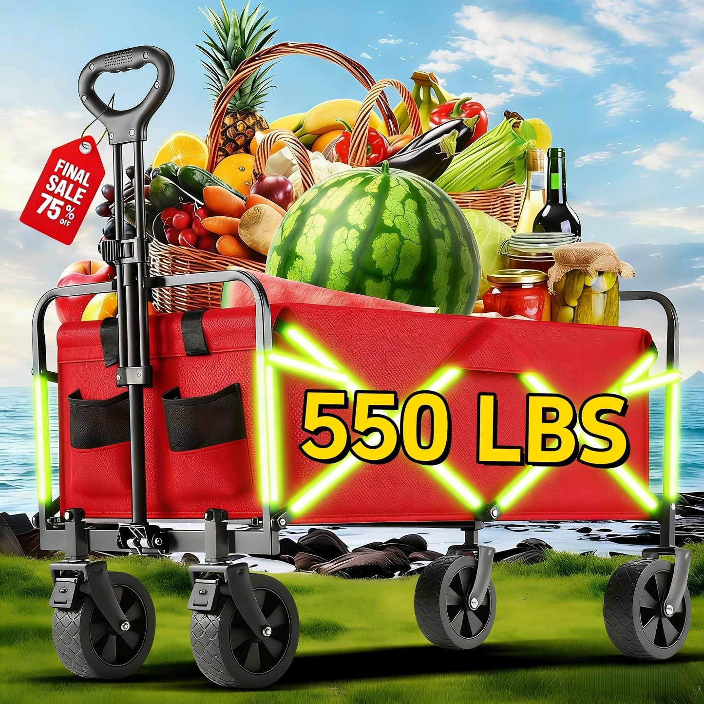 Folding Wagon, Garden Cart Beach Wagon Camping Utility Outdoor Cart for Garden, Patio and Yard Use