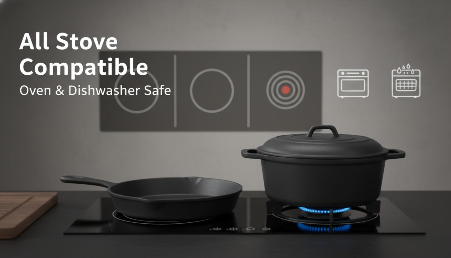 Cast Iron Cookware Set for Kitchen Camping BBQ – Non-Stick Skillet Dutch Pot Frying Pan Baking Tray Griddle Options