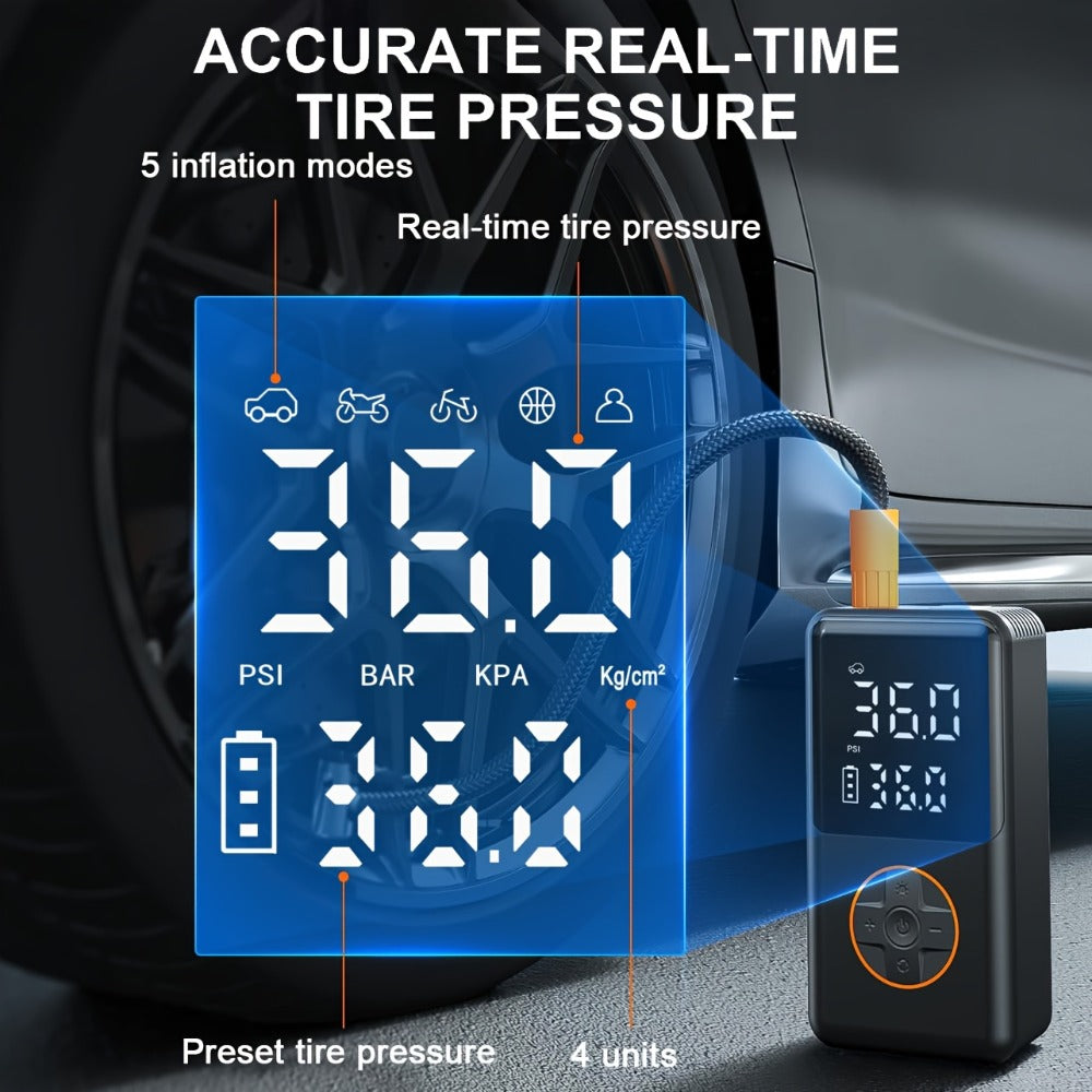 Compact Cordless Tire Inflator with Digital LCD Screen, Blue Air Hose and Pictured Valve Adapters