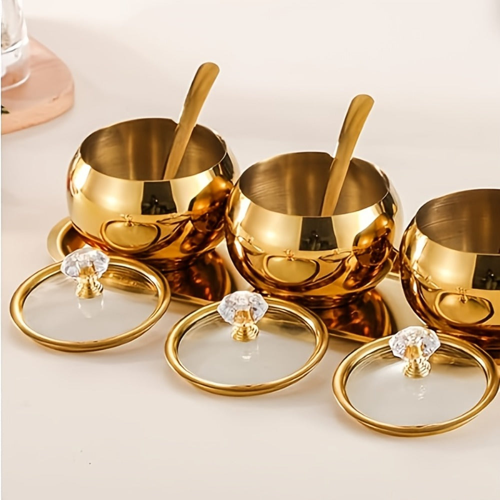 Golden Stainless Steel Seasoning Jar Set 2 or 3pcs Spice Containers with Lid and Spoon for Home Cooking, Dining and Outdoor Meals