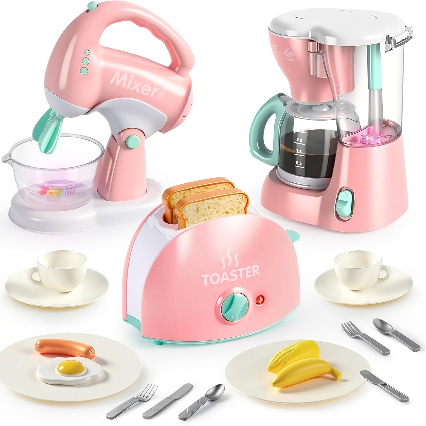 Kids Play Kitchen Toy Set with Realistic Coffee Maker, Toaster & Blender, 26PCS Pretend Play Kitchen Appliances for Toddlers Ages 3+