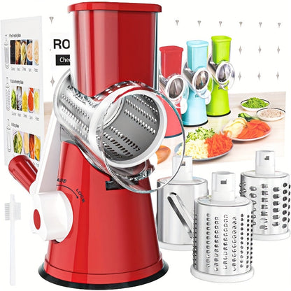 Rotary Cheese Grater with Hand Crank, 3 Interchangeable Blades for Cheese, Vegetables & Nuts, Suction Base