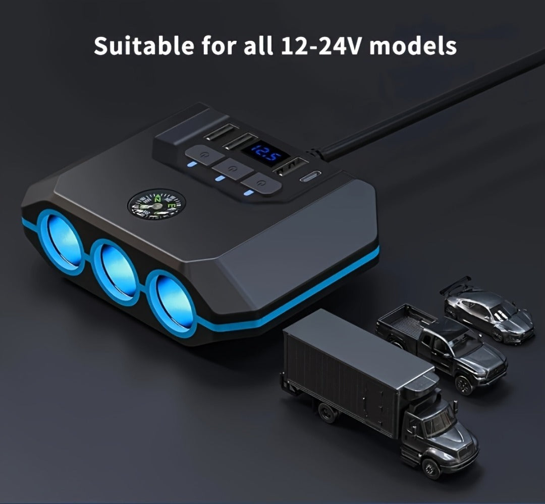 Car Cigarette Lighter Splitter 3-Socket 120W Power Outlet Adapter | QC3.0 + PD USB Ports | 12V/24V Voltage Monitor Independent Switch Car