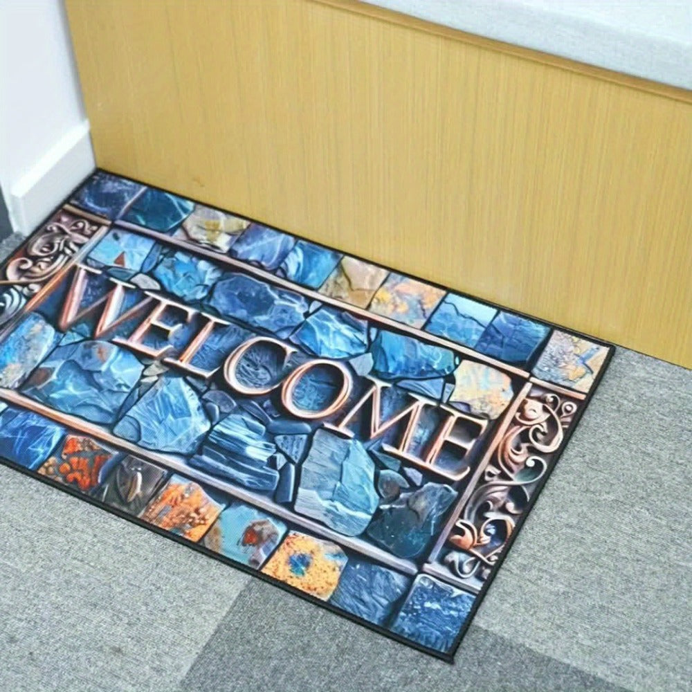 Blue Mosaic Stone Welcome Doormat in 40 x 60 or 50 x 80cm Rectangular Size Options Pictured