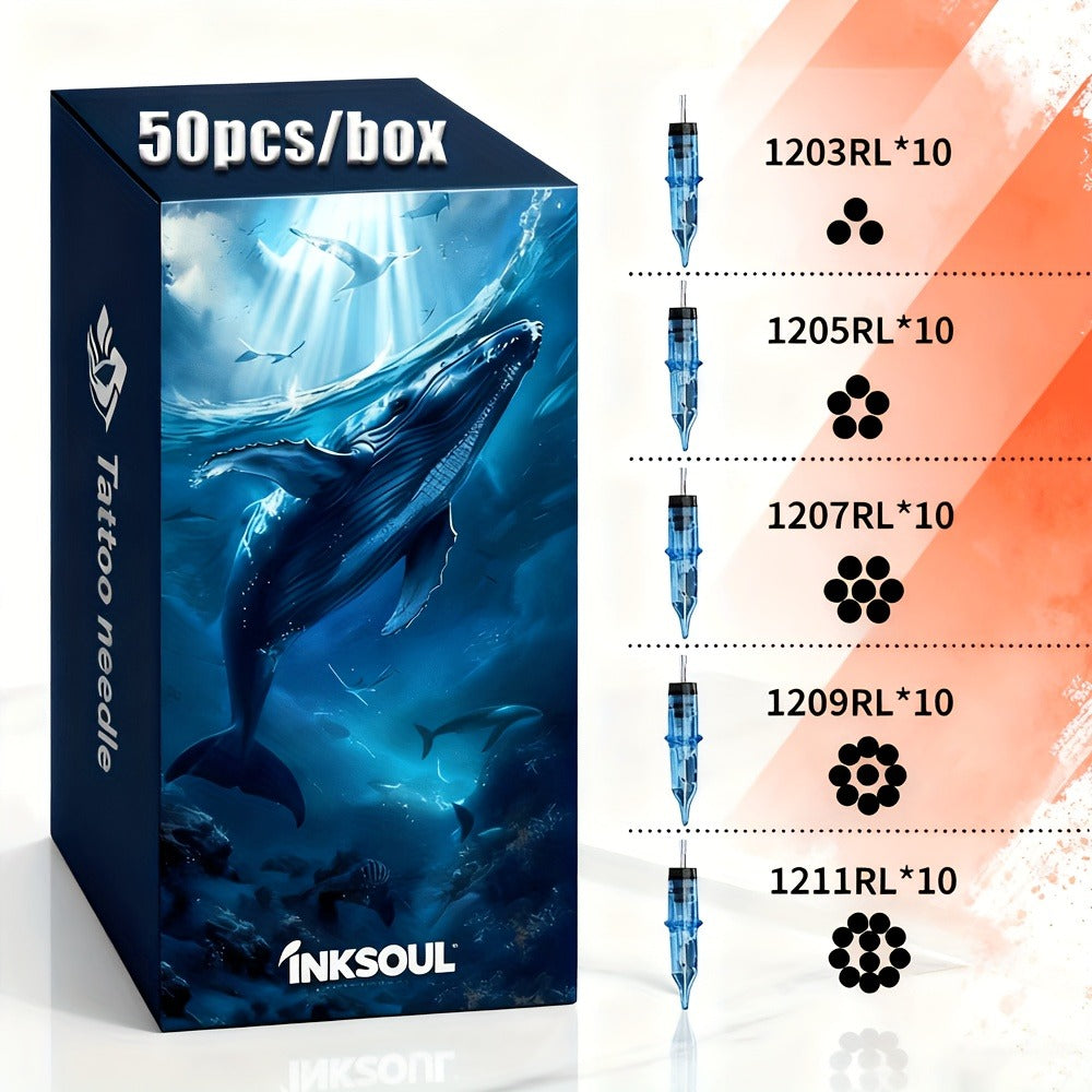 Tattoo Cartridge Needles with Blue Whale Label, 50-Piece Round Liner Pack Across 5 RL Models