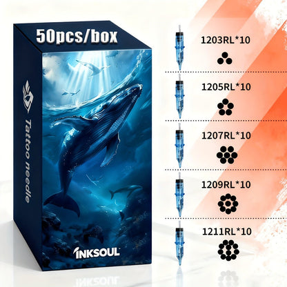 Tattoo Cartridge Needles with Blue Whale Label, 50-Piece Round Liner Pack Across 5 RL Models