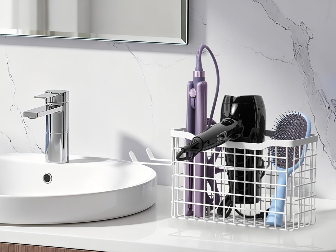Hanging Hair Tool Organizer with Adjustable Mounting Height, Wire Basket and Black or White Finish
