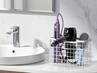 Hanging Hair Tool Organizer with Adjustable Mounting Height, Wire Basket and Black or White Finish