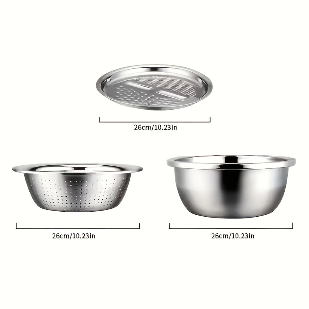 Stainless Steel 3-in-1 Kitchen Prep Set with Mixing Bowl Built-In Grinder Multi-Layer Slicer for Home Cooking, Dining and Outdoor Meals