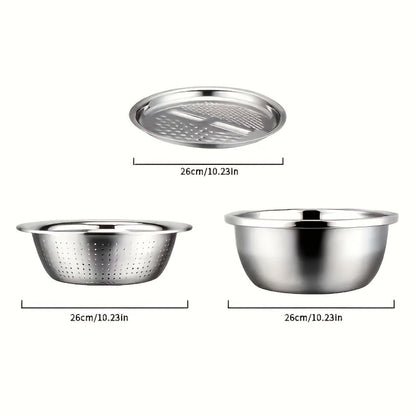 Stainless Steel 3-in-1 Kitchen Prep Set with Mixing Bowl Built-In Grinder Multi-Layer Slicer for Home Cooking, Dining and Outdoor Meals