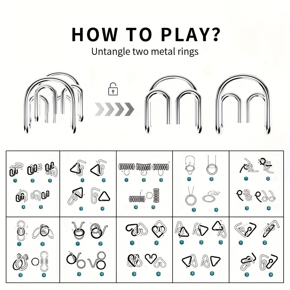 Metal Brain Teaser Puzzle Set 50 Pack, Golden Unlock Iron Chain Link Toys, Nine Rings Kongming Lock