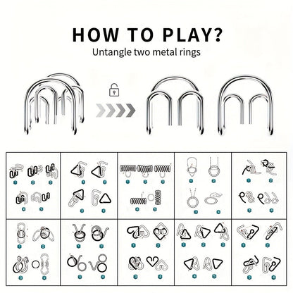 Metal Brain Teaser Puzzle Set 50 Pack, Golden Unlock Iron Chain Link Toys, Nine Rings Kongming Lock