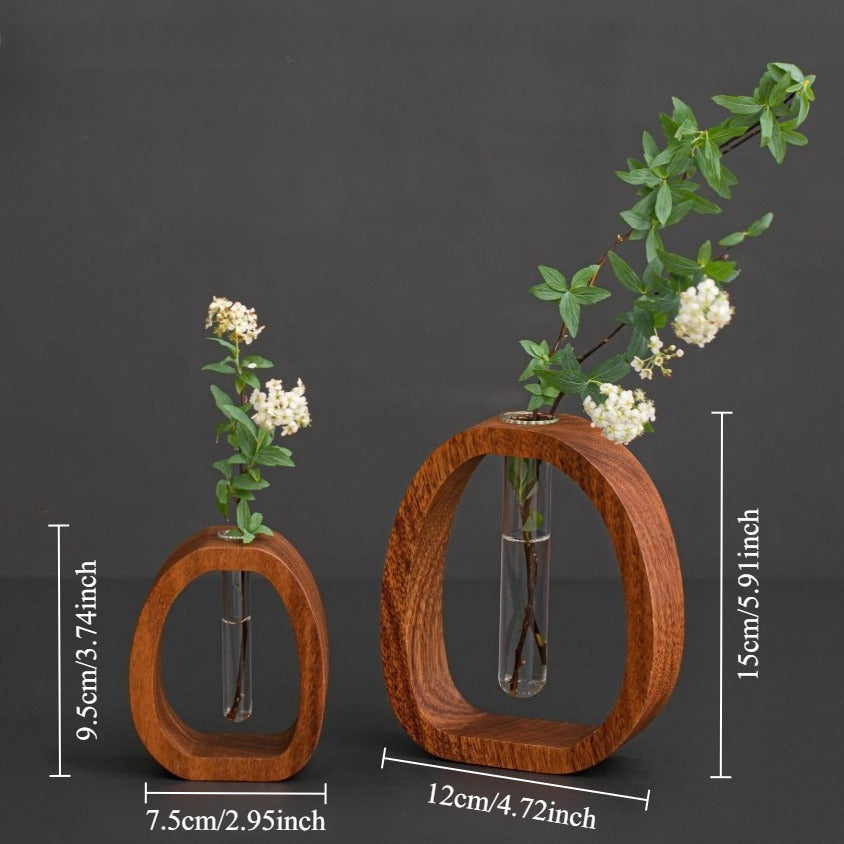 Hydroponic Planter Set 4pcs Walnut Wood & Glass Vase Aerated Root Vertical Aquatic System Desk Decor Home Office Space-Saving