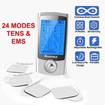 Portable TENS and EMS Handheld Stimulator with 16, 20 or 24 Mode Controller Options and Four Pads