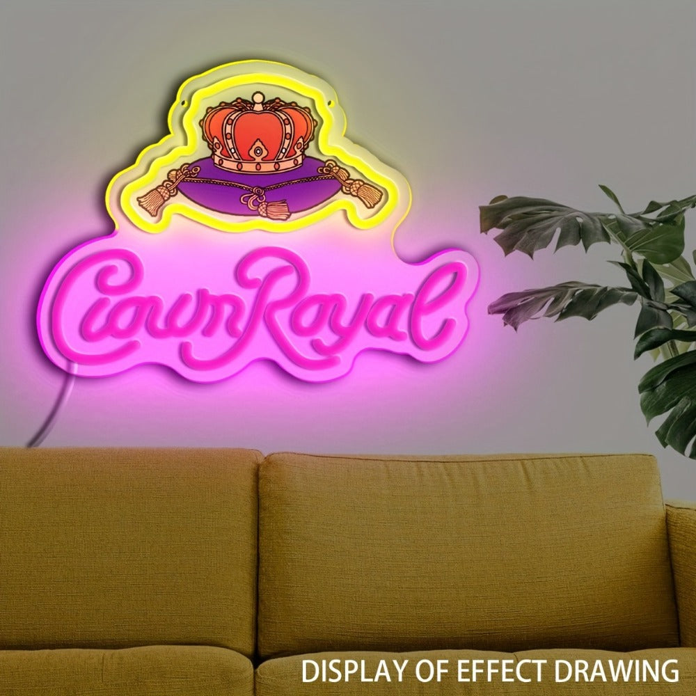 Crown Royal Neon Sign USB Powered LED Wall Art Glow Pendant Pink Orange UV Print for Game for Entryways, Bedrooms and Living Spaces