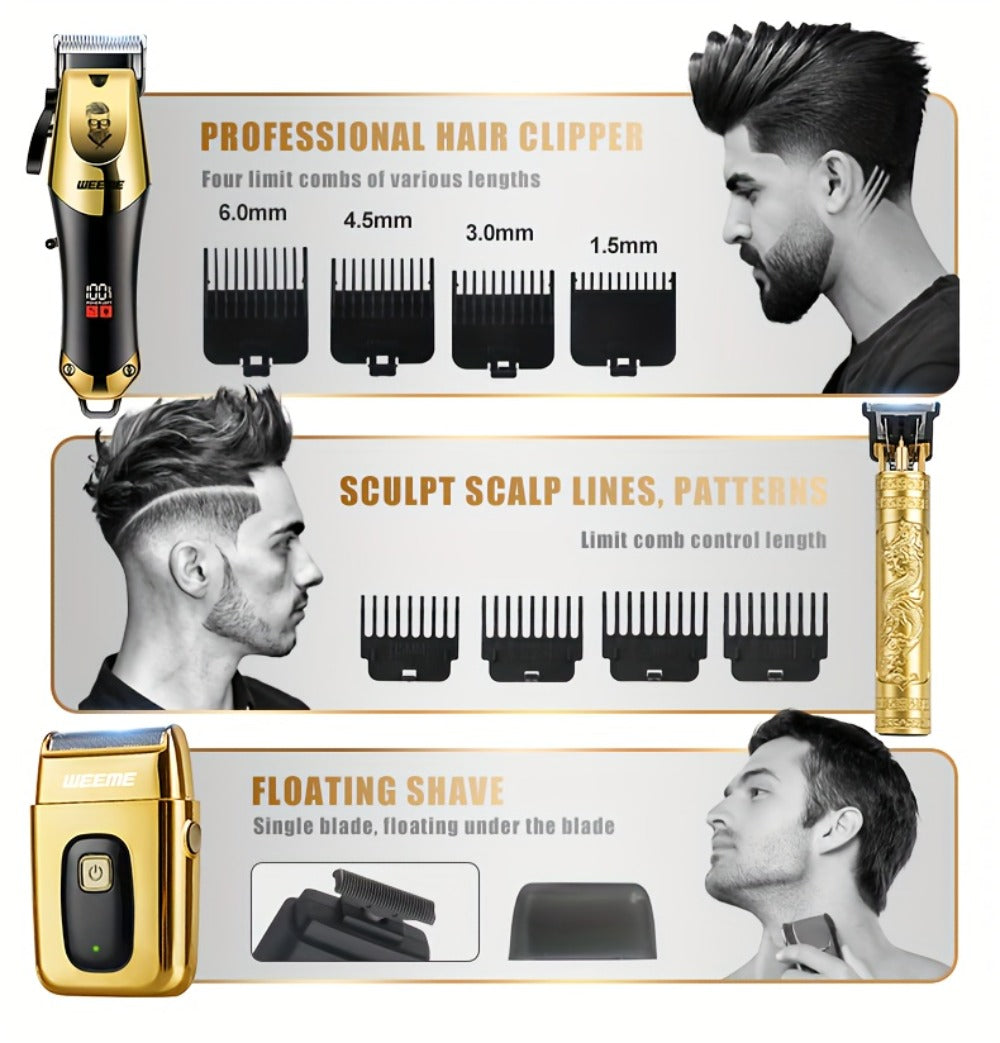 3-in-1 Hair Clipper Grooming Kit for Men – WEEME USB Rechargeable Cordless Beard Trimmer & Body Shaver Set, Home Barber Hair Cutting Kit