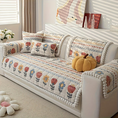 Sofa Cover Thick Milk Fleece Floral Quilted Panels with Ruffled Edge for 2, 3 or 4-Seater Sofas