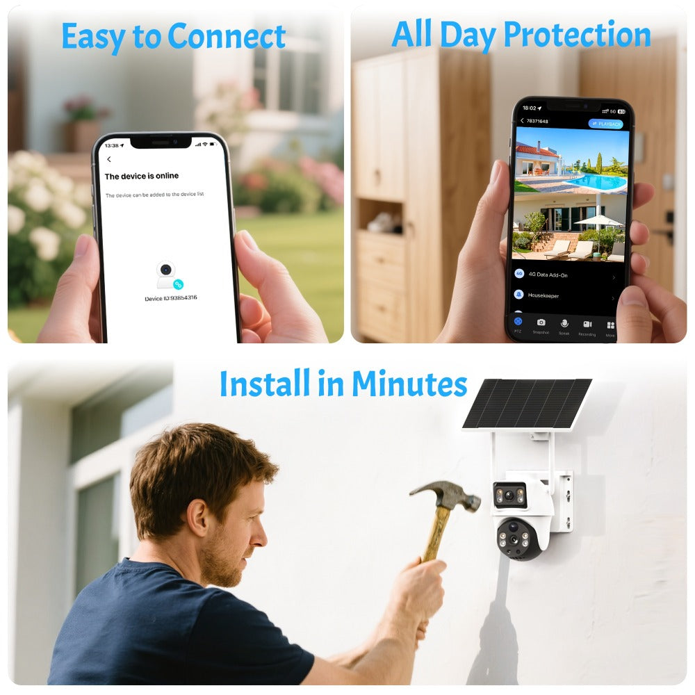 8MP 4G LTE Solar Security Camera Dual Lens PTZ 360°, No WiFi Needed, SIM Card Included, PIR Motion Detection