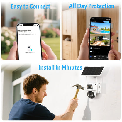 8MP 4G LTE Solar Security Camera Dual Lens PTZ 360°, No WiFi Needed, SIM Card Included, PIR Motion Detection
