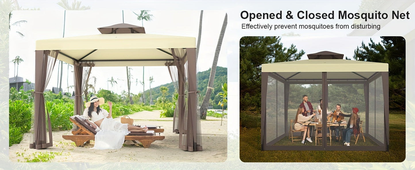 Gazebo with Mosquito Netting Steel Frame, Backyard Garden BBQ Party for Grilling, Camping and Outdoor Meals