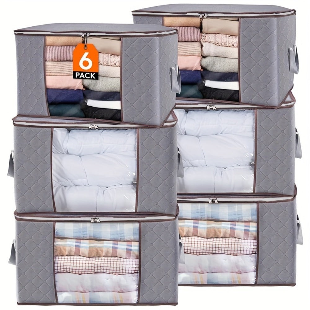 Storage Bag Set, 6-Piece Rectangular Non-Woven Closet Organizers with Zipper Closures, Handles and Foldable Design