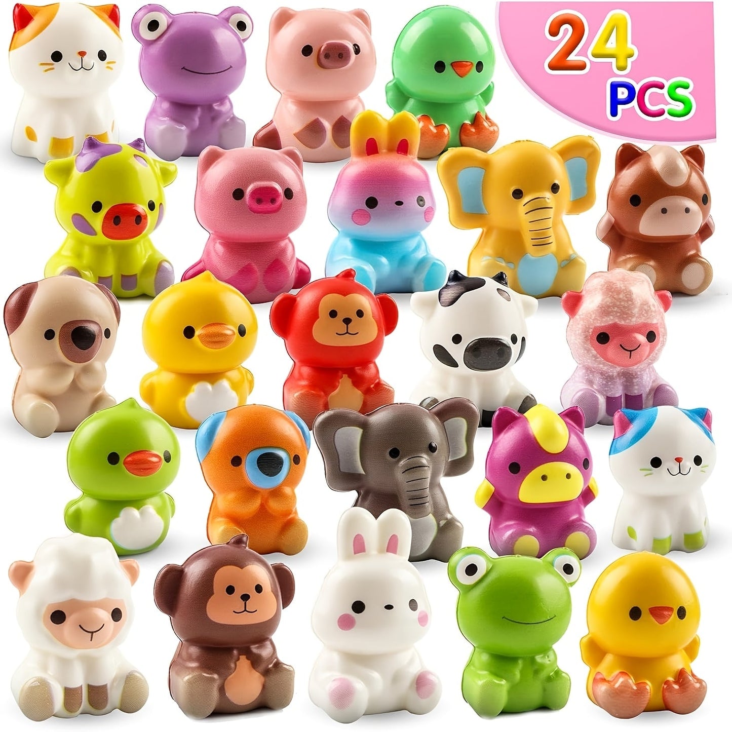 Cute Animal Toys 24 Pcs, Mini Kawaii Animal Squeeze Toys for Kids Birthday Party Favors, Classroom Prizes