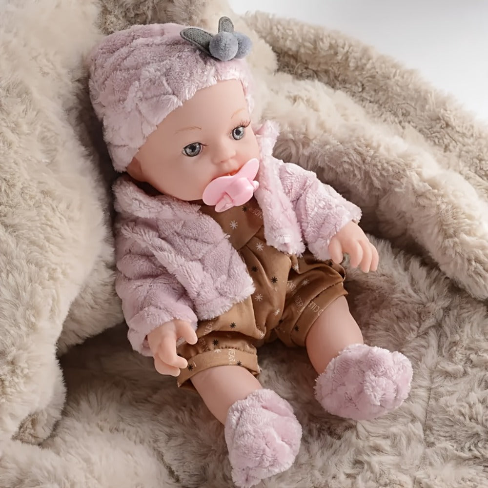 Bunny Ear Baby Doll 12 Inch Pink, Fluffy Bunny Ears PVC Realistic Newborn Comfort Doll, Cute Plush Toy for Boys & Girls Ages 3+