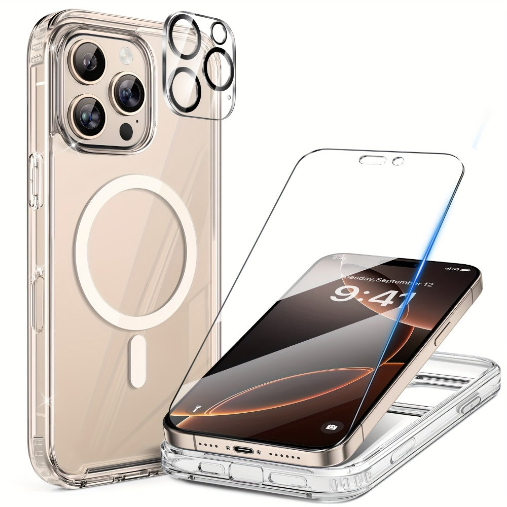 Phone Case Clear TPU and PC Three-Piece Bundle with Screen and Camera Lens Protectors for Select iPhone Models