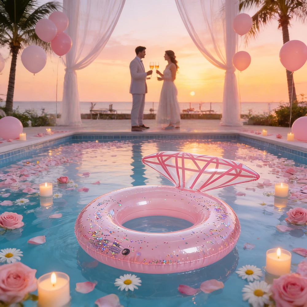 Giant Engagement Ring Pool Float, 49 x 31-Inch Inflatable in Gold, White or Pink for Bridal Pool Parties
