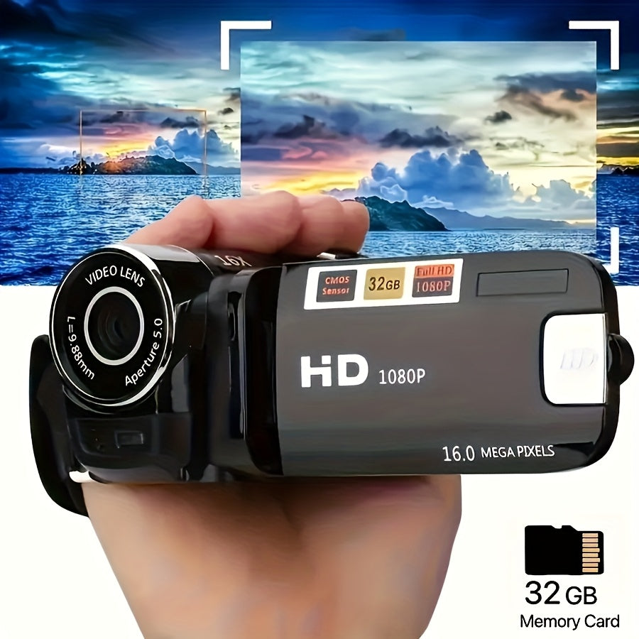 Portable 1080P Digital Camcorder with Rotating Screen & 32G Memory Card, Rechargeable Battery, Selfie Support