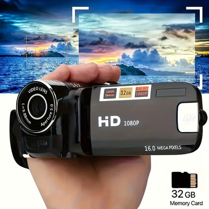 Portable 1080P Digital Camcorder with Rotating Screen & 32G Memory Card, Rechargeable Battery, Selfie Support