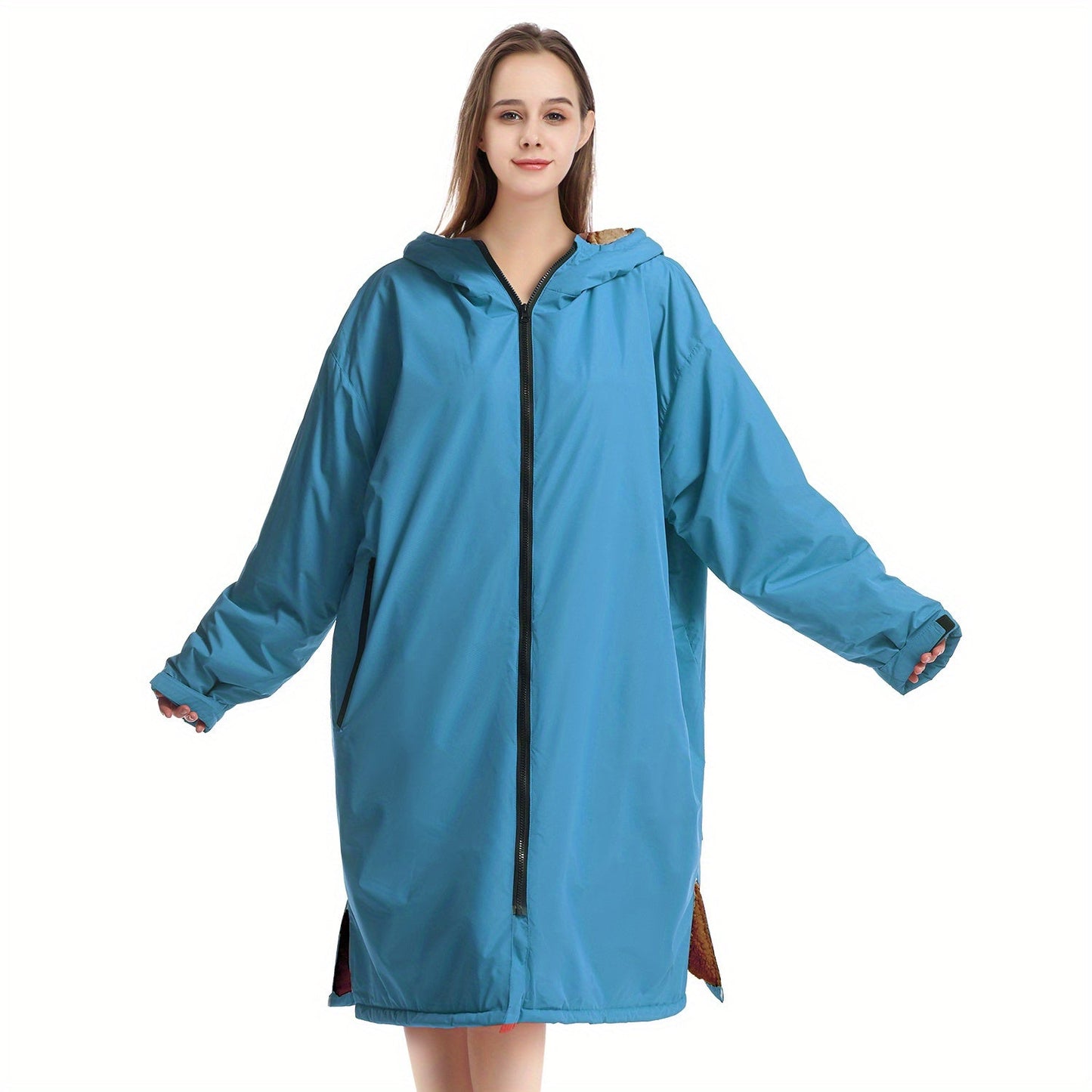 Changing Robe Fleece Lined Hooded – Long Sleeve Windproof Warm Surf Poncho for Swimming, Surfing, Diving, Camping & Hiking – 43.3x31.5in