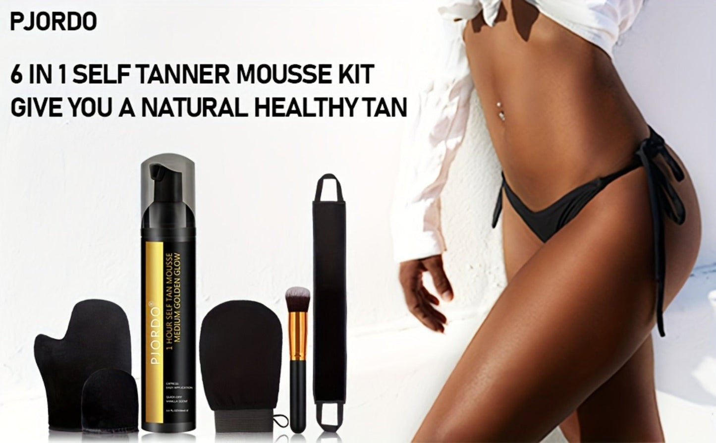 Sunless Tanning Mousse Kit 6-Piece Set with Mitt Applicator – Self Tanner Foam 1 Hour Fast Tan No Fake Smell