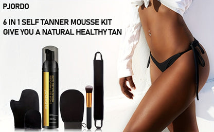 Sunless Tanning Mousse Kit 6-Piece Set with Mitt Applicator – Self Tanner Foam 1 Hour Fast Tan No Fake Smell