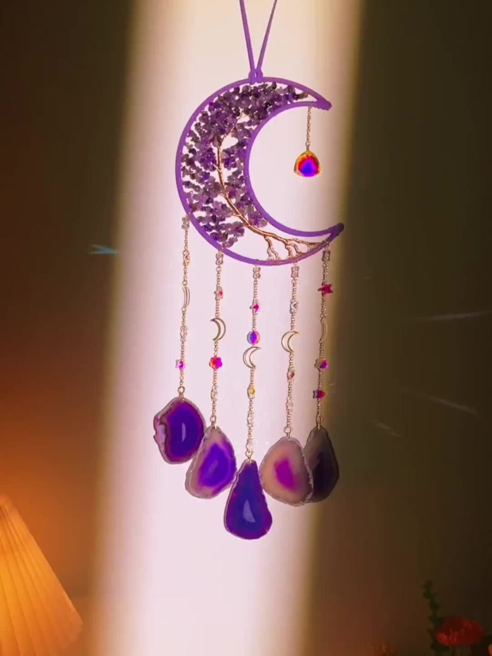 Moon Agate Tree Hanging Ornament Handmade Boho Suncatcher Wall Decor - Crystal Window Sun for Entryways, Bedrooms and Living Spaces