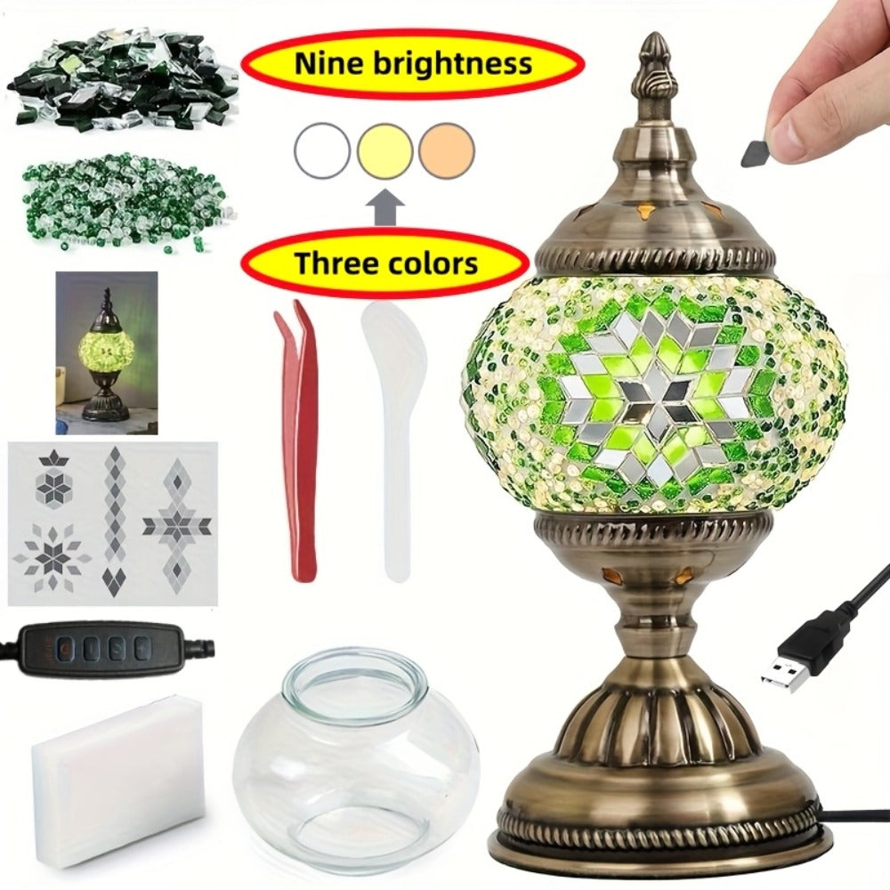 DIY Mosaic Lamp Kit Handmade Glass Table Lamp, Colorful Stained Glass Bedside Night Light with Antique Bronze Base