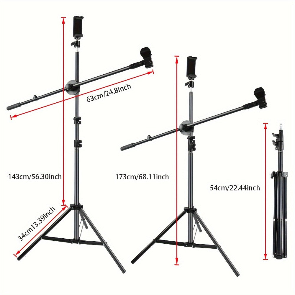 Adjustable Tripod Microphone Stand with Boom Arm Floor Mount Metal Mic Stand Dual Mic Clips Phone Holder for Live Performance Wedding Stage