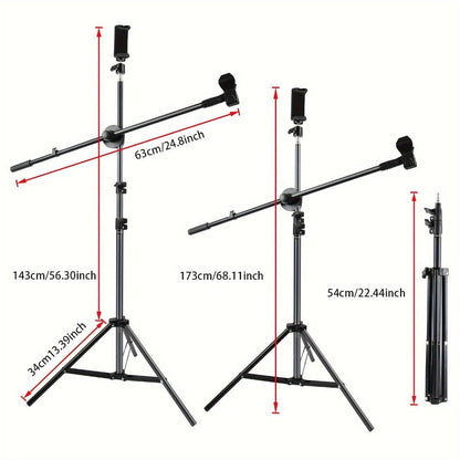 Adjustable Tripod Microphone Stand with Boom Arm Floor Mount Metal Mic Stand Dual Mic Clips Phone Holder for Live Performance Wedding Stage