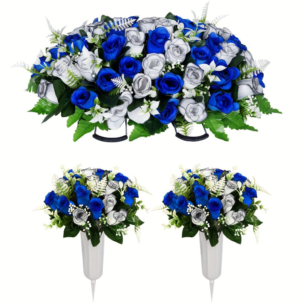 Artificial Cemetery Flowers for Grave with Saddle, Silk Rose Bouquet Headstone Decoration, Memorial Day Grave Flowers