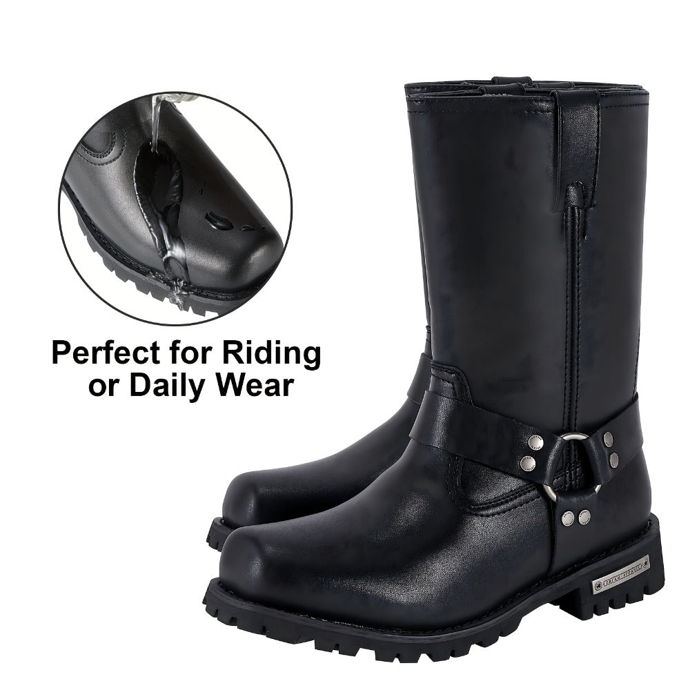 Men's Motorcycle Boots 11" Harness – PU Leather Non-Slip Square Toe Mid-Calf Biker Boots, Abrasion Resistant All-Season Riding Boots