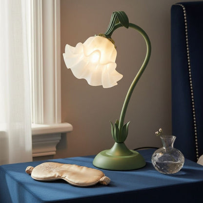 Table Lamp with Green Bellflower Stem, Floral Shade, Corded Power and Single Botanical Design