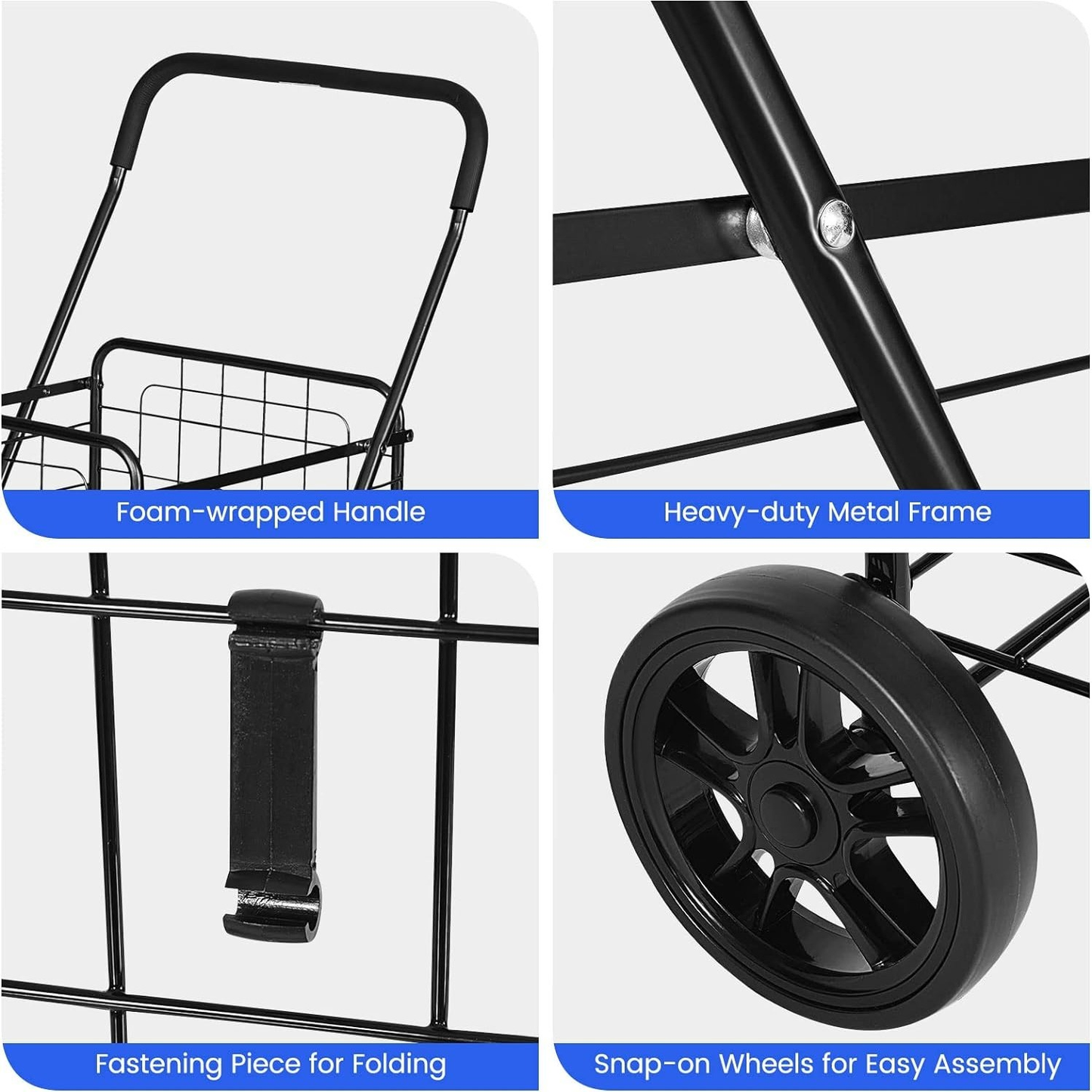 Rolling Shopping Cart Metal Basket, Foldable Grocery Utility Cart with Foam Handle Large Wheels 22 Gal for Supermarket Laundry Warehouse