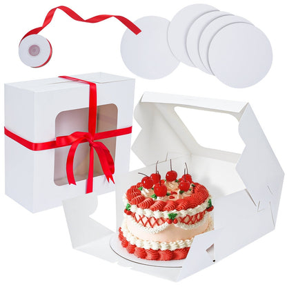 Ten White Cake Box Sets with Clear Windows, Red Ribbon, Round Boards and 10 x 10 x 5-Inch Size