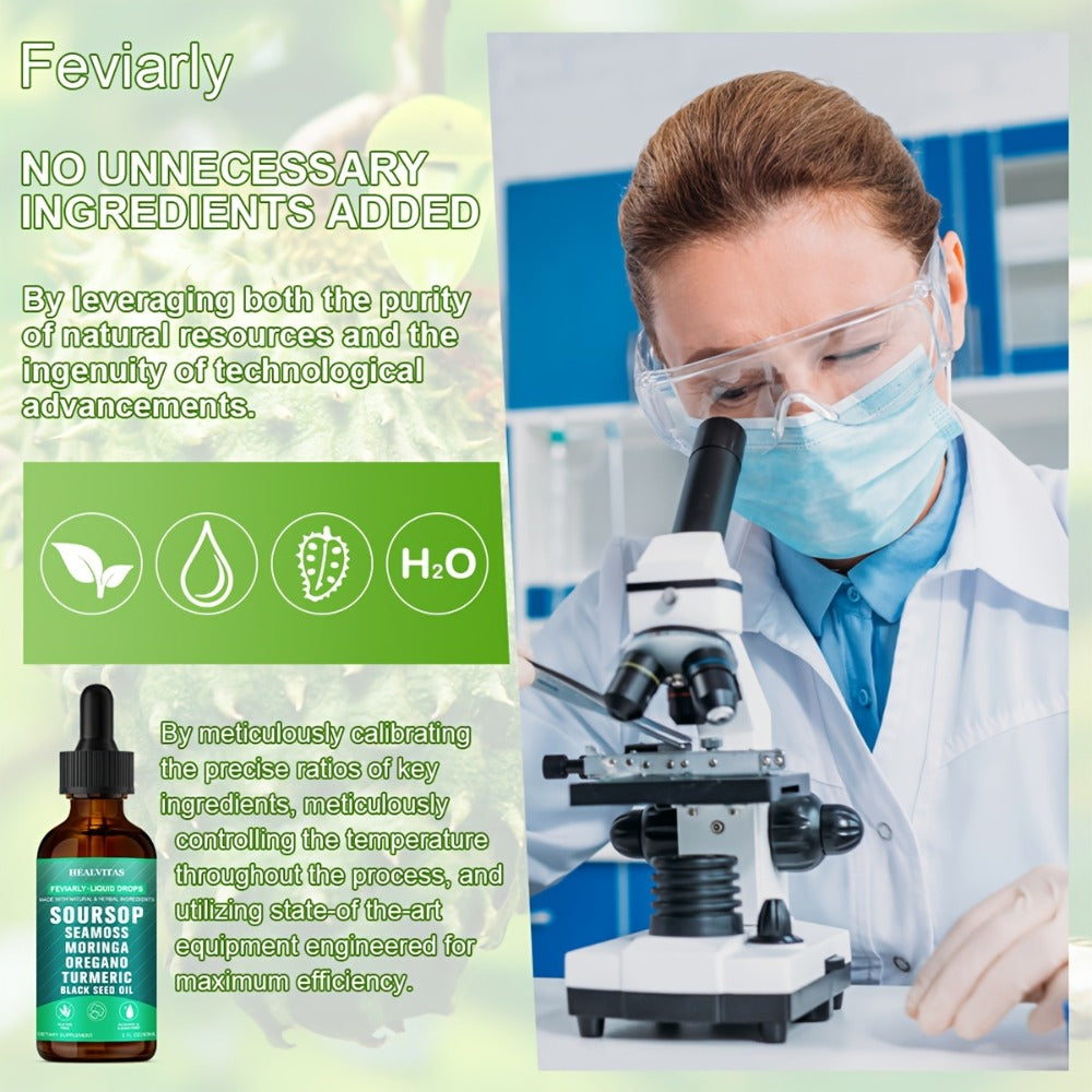 Soursop Bitters Liquid Supplement 2oz 10-in-1 with Seaweed Moringa Turmeric Black Seed Oil & Oregano Herbal Extracts