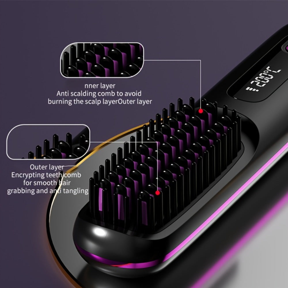 Compact Rechargeable Straightening Brush in Black or White with Display, Comb and USB Cable