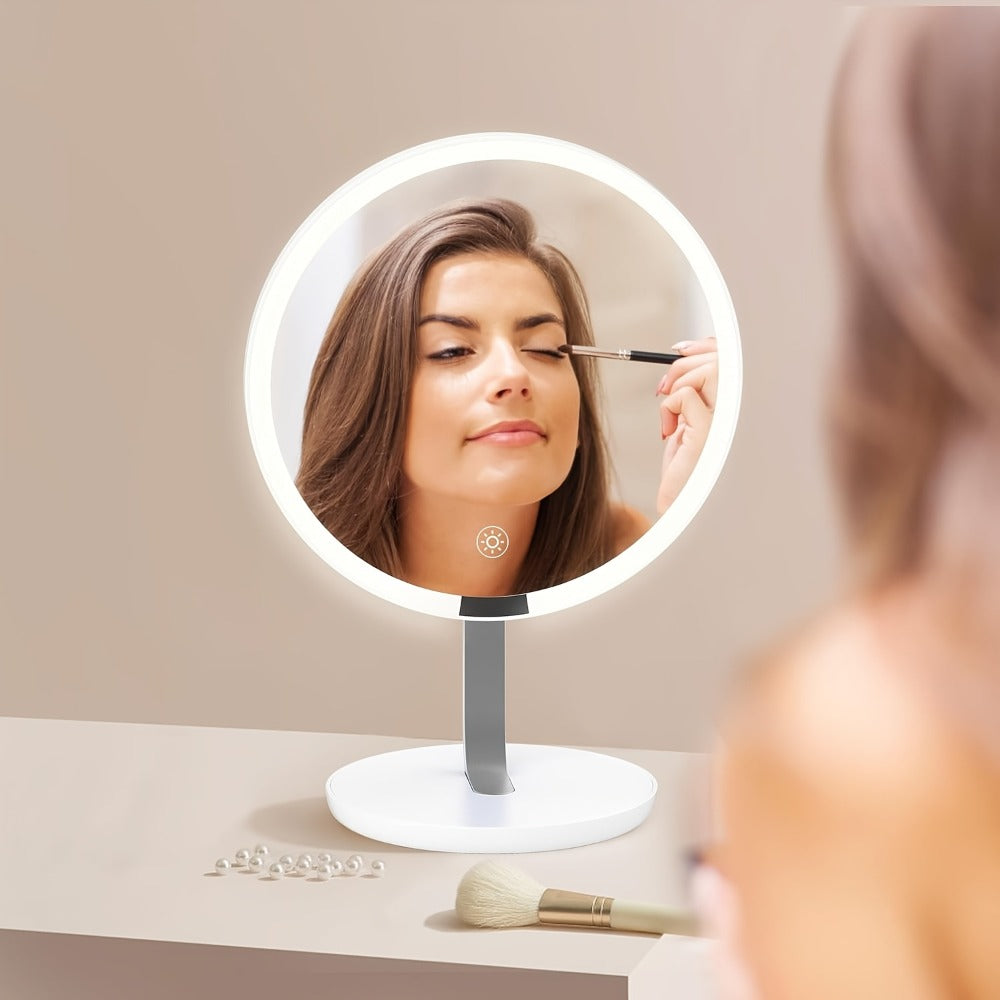 Makeup Mirror Round LED Desktop Stand with Detachable 10X Suction Mirror, Three Light Colors, Touch Dimming and USB Power