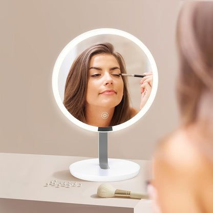 Makeup Mirror Round LED Desktop Stand with Detachable 10X Suction Mirror, Three Light Colors, Touch Dimming and USB Power